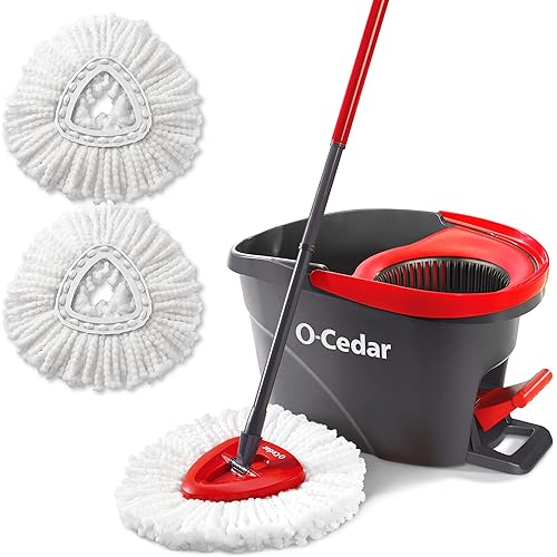 O-Cedar EasyWring Microfiber Spin Mop & Bucket Floor Cleaning System 2 Extra Refills, RedGray