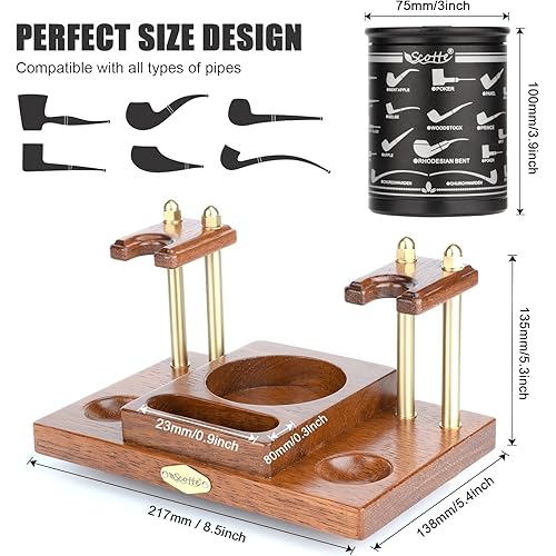 Scotte Wooden Tobacco Pipe Stand,For 2 Smoking Pipes Rack Holder,Include Tobacco JarCigar Herb Container with Hygrometer and Humidifier,Practical Smoking Accessories