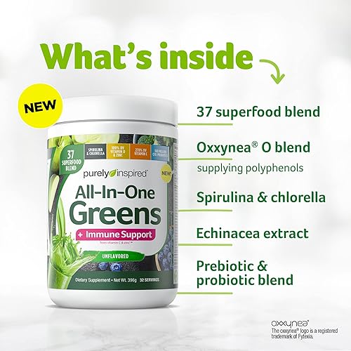 All in One Greens Immune Support | Purely Inspired Greens Superfood Powder | Vitamin C & Zinc for Immune Support | Probiotics | 37 Superfood Blend | Soy, Gluten and Dairy Free 32 Servings