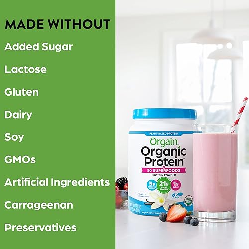 Orgain Organic Protein Superfoods Powder, Vanilla Bean - 21g of Protein, Vegan, Plant Based, 5g of Fiber, No Dairy, Gluten, Soy or Added Sugar, Non-GMO, 2.02lb