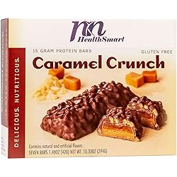 HealthSmart Caramel Crunch Protein Bars, 15g Protein, Low Calorie, Low Fat, Gluten Free, KETO Diet Friendly, Ideal Protein Compatible, 7 Count Box