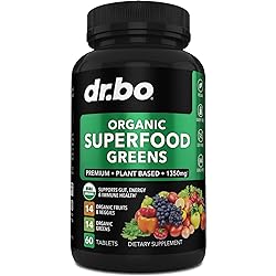 Organic Superfood Greens & Fruit Supplements - Energy Super Food Fruits and Veggies Supplement Tablets - Daily Green Veggie Powder Blend Plus Vegetable Foods Alfalfa, Spinach, Cabbage & Spirulina Tabs