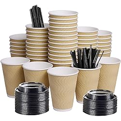 12oz 100 Packs Insulated Kraft Ripple Wall Disposable To Go Paper Coffee Cups for Office Parties Home Travel Corrugated Sleeve Hot Drink Cups with Lids & Straws