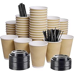 12oz 100 Packs Insulated Kraft Ripple Wall Disposable To Go Paper Coffee Cups for Office Parties Home Travel Corrugated Sleeve Hot Drink Cups with Lids & Straws
