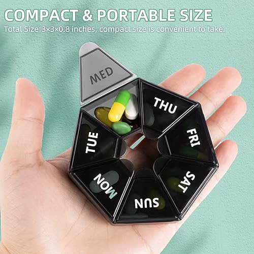 Weekly Pill Organizer, 2 Pack Portable Travel Pill Box Dispenser Medicine case 6 Colors Seven Day New Edition for VitaminFish OilPillsSupplements-Arthritis Friendly Black