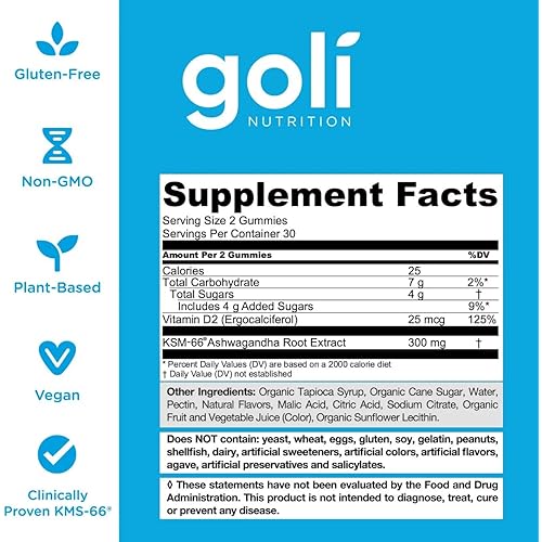 Goli Ashwagandha & Vitamin D Gummy - 60 Count - Mixed Berry, KSM-66, Vegan, Plant Based, Non-GMO, Gluten-Free & Gelatin Free Relax. Restore. Unwind