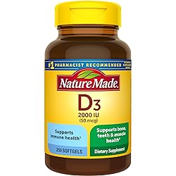 Nature Made Vitamin D3, 250 Softgels, Vitamin D 2000 IU 50 mcg Helps Support Immune Health, Strong Bones and Teeth, Muscle Function, 250% of the Daily Value for Vitamin D in One Daily Softgel