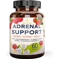 Adrenal Support & Cortisol Manager – Extra Strength Adrenal Fatigue Supplements for Energy, Mood Boost, Brain Fog with Ashwagandha, Rhodiola Rosea, L Thyrosine, Holy Basil – 60 Non GMO Pills