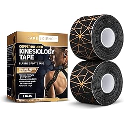 Care Science Waterproof Kinesiology Tape, 40 ct Precut Strips 2 Rolls, Copper Infused | Water Resistant Strips, Elastic Athletic Tape for Sports & Weightlifting, Muscle Strain Relief & Joint Support