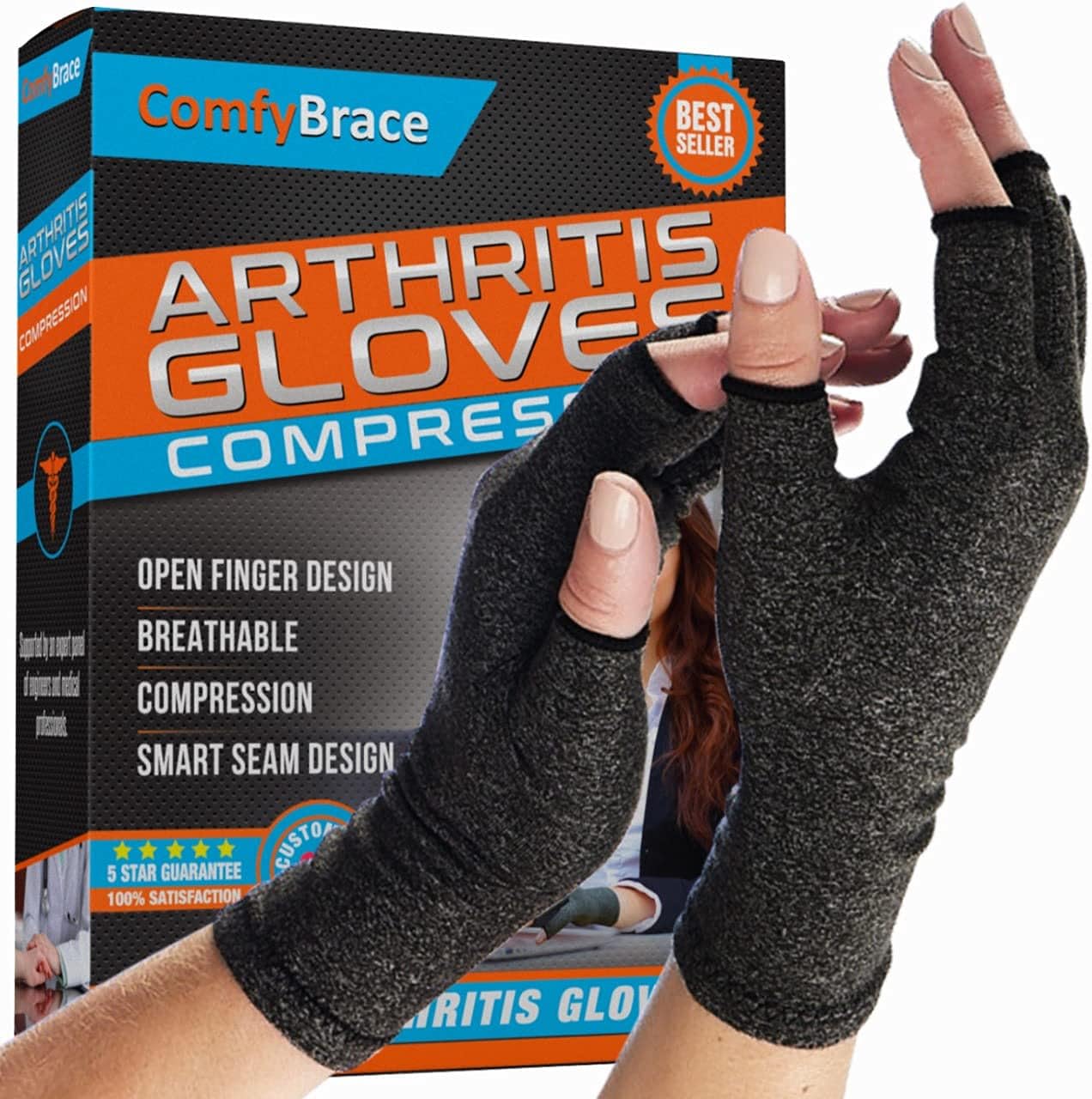 ComfyBrace Arthritis Hand Compression Gloves Comfy Fit, Fingerless Design, Breathable Moisture Wicking Fabric