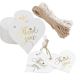100PCS Thank You Heart Shape Gift Tags,High-end White Heart Paper Hang Tags with Jute Twine and Cotton Gold Twine for Valentine's Day,Gifts Wrapping,Wedding and Party Favor2.36"2.36