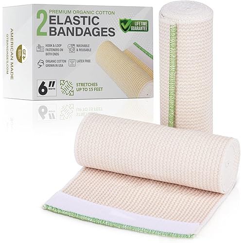 GT USA Organic Cotton Elastic Bandage Wrap | Hook & Loop Fasteners at Both Ends | Latex Free Hypoallergenic Compression Roll for Sprains & Injuries 6" Wide, 2 Pack