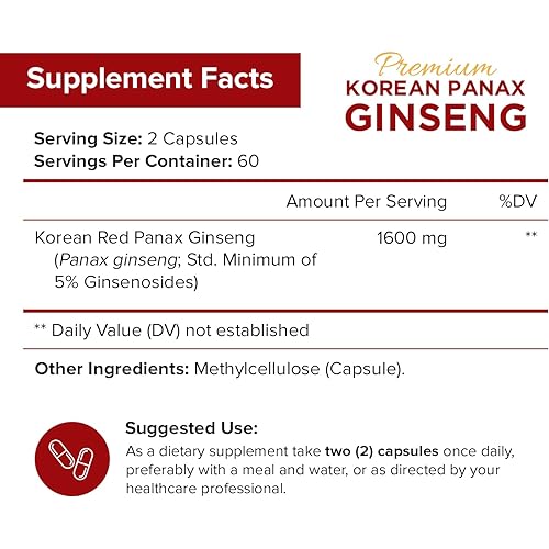 NutriFlair Korean Red Panax Ginseng 1600mg, 120 Vegan Capsules - High Potency Ginseng Root 5% Ginsenosides Extract Powder Supplement - Energy, Focus, Vigor, Performance Pills for Women & Men, Non-GMO