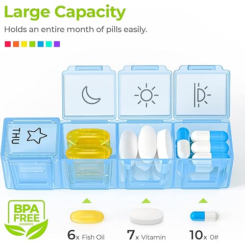 AUVON iMedassist Moisture-Proof Weekly Pill Organizer 4 Times a Day, Large 7 Day Pill Box Portable for Travel with Removable Individual Pill Containers to Hold Vitamins, Supplements and Medication