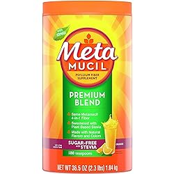 Metamucil Premium Blend, Fiber Supplement, Natural Psyllium Husk Fiber, Plant Based, Sugar-Free with Stevia, 4-in-1 Fiber for Digestive Health, Orange Flavored, 180 teaspoons 36.5 OZ Fiber Powder