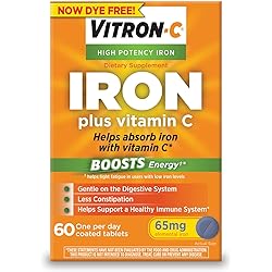 Vitron-C High Potency Iron Supplement with 125 mg Vitamin C, Dye Free, Vegan, Gluten Free, 60 Count