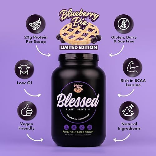 Blessed Plant Based Vegan Protein Powder - 23g of Pea Protein Isolate, Low Carbs, Non Dairy, Gluten Free, Soy Free, No Sugar Added - Meal Replacement for Women & Men, 15 Servings Blueberry Pie