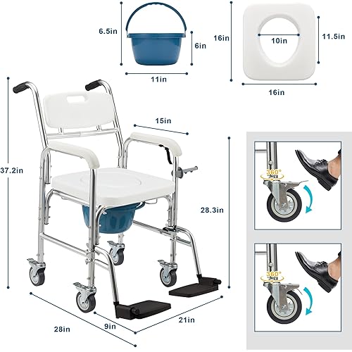 Homguava Bedside Commode Chair, 4 in 1 Shower Commode Wheelchair Rolling Transport Chair Toilet with Arms for Seniors and Disabled Weight Capacity 350lbs White