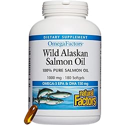 Omega Factors by Natural Factors, Wild Alaskan Salmon Oil, Supports Heart and Brain Health with Omega-3 DHA and EPA, 180 Softgels