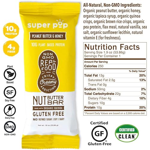 Super Pop Snacks, Clean Plant Based Protein Bars, ​All-Natural Peanut Butter Bars with Organic Whole Foods, ​Low Sugar, Gluten Free, Soy and Dairy Free, 10g Protein, Peanut Butter & Honey 12 pack