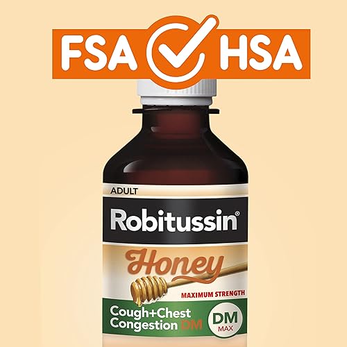 Robitussin Maximum Strength Honey Cough Chest Congestion DM, Cough Medicine for Cough and Chest Congestion Relief Made with Real Honey for Flavor - 8 Fl Oz Bottle