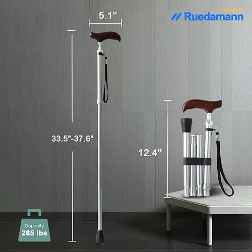 Ruedamann 33.5" to 37.6" Folding Cane,265LBS Capacity,Collapsible Walking Stick for Men Women,5 Level Adjustable Height Walking Cane with Wood Handle,Balancing Mobility Aid with Extra Base,Bag,Gray