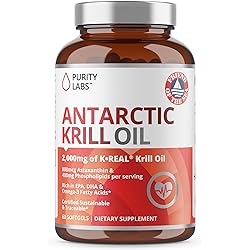 Purity Labs Antarctic Krill Oil - Vegan Supplements for Memory, Heart, and Brain Health - Rich in Omega 3, Fatty Acids, DHA, EPA, Phospholipids - 60 Softgels