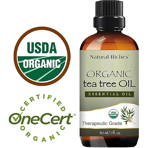 Natural Riches Organic Tea Tree Oil - Pure USDA Organic Certified Tea Tree Essential Oil for Acne, Hair, Skin and Scalp for Diffuser or Humidifier Aromatherapy Premium Quality Therapeutic 1 fl oz