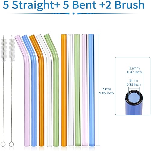 RENYIH 10 Pcs Reusable Glass Smoothie Straws,9''x12 mm Glass Drinking Straws for Milkshakes, Tea, Juice,Set of 5 Straight and 5 Bent with 2 Cleaning Brushes -Dishwasher SafeColorful