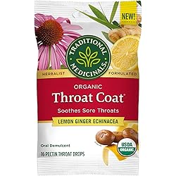 Traditional Medicinals Throat Coat Organic Pectin Throat Drops, Lemon Ginger Echinacea, Soothes Sore Throats Pack of 3
