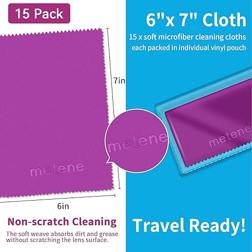 Metene 15 Pack Microfiber Cleaning Cloths 6"x7" in Individual Vinyl Pouches | Glasses Cleaning Cloth for Eyeglasses, Phone, Screens, Camera Lens and Other Delicate Surfaces Cleaner Purple