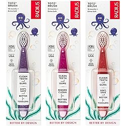 RADIUS Totz Toothbrush Extra Soft Brush BPA Free & ADA Accepted Designed for Delicate Teeth & Gums for Children 18 Months & Up - Purple Pink Coral - Pack of 3