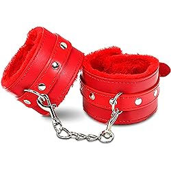 Red Fluffy Handcuffs - Red Faux Leather Fluffy Handcuffs - Red Plush Leg Handcuffs Wrist - Plush Fluffy Wrist Handcuffs - Adjustable Handcuffs Fluffy Bracelet