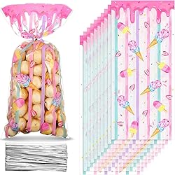 Geyee 100 Pieces Ice Cream Treat Bags, Watercolor Ice Cream Theme Cello Plastic Candy Goodie Bag with 100 Silver Twist Ties for Kid Summer Sweet Baby Shower Birthday Party Favor Bag, Clear