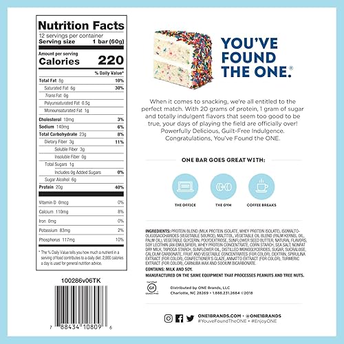 ONE Protein Bars, Birthday Cake, Gluten-Free Protein Bar with 20g Protein and only 1g Sugar, Snacking for High Protein Diets, 2.12 Ounce 4 Pack