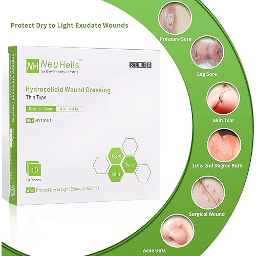Hydrocolloid Bandages Hydrocolloid Wound Dressing Thin Type 4''x4'' for Dry to Light Exudate Wound, Bed Sore, Pressure Ulcer, Minor Burns, Abrasions, Cuts, 10 Packs from NeuHeils
