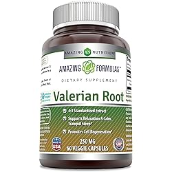 Amazing Formulas Valerian Extract 250 Mg 4:1 Extract, 60 Veggie Capsules -Supports Relaxation, Calm & Tranquil Sleep -Promotes Cell Regeneration