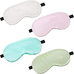 4 Pieces Silk Sleep Mask for Kids Smooth Soft Eye Mask Eye Cover with Adjustable Strap Blindfold for Sleeping Blocking Out Lights Travel Relax Light Green, Emerald, Silver, Light Pink