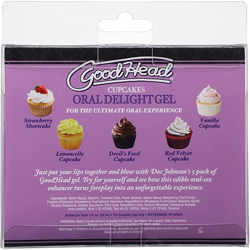 Doc Johnson GoodHead - Oral Delight Gel - Cupcakes - Vanilla Cupcake, Devil's Food Cupcake, Strawberry Shortcake, Limoncello Cupcake, Red Velvet Cupcake - 5 x 1 fl. oz. 5 X 29ml