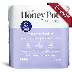 The Honey Pot Company Clean Cotton Overnight Pads 12 Count, Herbal-Infused Pads with Wings, Plant-Derived Feminine & Menstrual Care