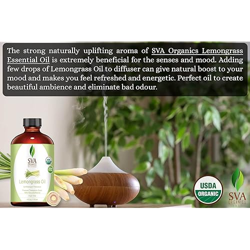 SVA Organics Lemongrass Oil Organic USDA 4 Oz 100% Pure Natural Undiluted Premium Therapeutic Grade Oil for Diffuser, Aromatherapy, Skin, Face & Hair
