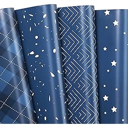 Ulmasinn Wrapping Paper Flat 8 Sheets for Birthday, Holiday, Father'S Day, Weddings, Graduations, Navy Printed with Geometric Patterns, Checks, Stars, Spots 20 X 29 Inches Each