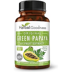 Green Papaya Fruit Extract 4X Strength - Digestive, Gut, Immune System Support, 1 Bottle, 60600mg Veggie Capsules - Herbal Goodness