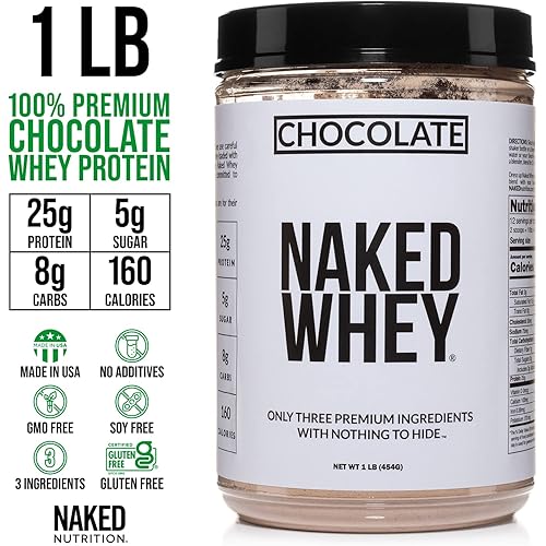Chocolate Naked Whey Protein 1LB - All Natural Grass Fed Whey Protein Powder, Organic Chocolate, and Coconut Sugar - No GMO, No Soy, and Gluten Free, Aid Growth and Recovery - 12 Servings