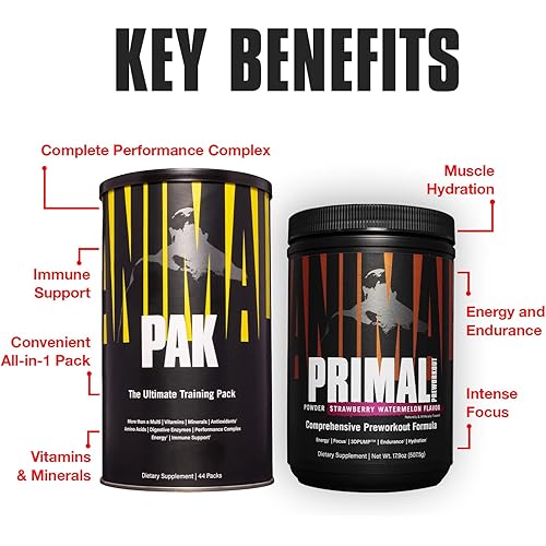 Animal Pak 44 and Primal Pre Workout Stack - Multivitamin and Mineral Vitamin Tablets Plus Focus, Pumps and Energy with Hydration Preworkout Electrolyte Powder
