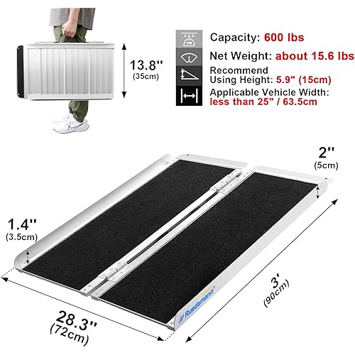 Ruedamann 3'L x 28.3 W,Holds up to 600 lbs,Wheelchair Ramp with Non-Slip Surface,Portable Aluminum Wheelchair Ramp,Folding Ramps for Wheelchairs,Home,Steps,Stairs,Handicaps,Doorways