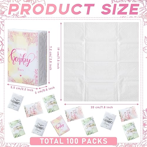 100 Pack Wedding Tissues Packs for Guests Dry Those Happy Tears Facial Tissues 3 Ply for Your Happy Tears Tissues Bulk Individually Travel Size Tissues for Wedding Travel Daily Use Wipes For Tears