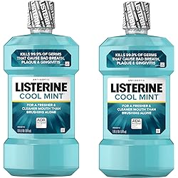 Listerine Cool Mint Antiseptic Mouthwash to Kill 99% of Germs That Cause Bad Breath, Plaque and Gingivitis, Cool Mint Flavor, 1 L Pack of 2