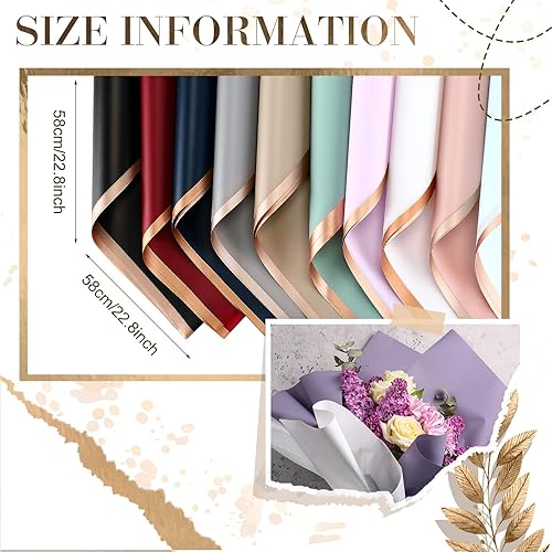 300 Sheets Gold Edge Flower Wrapping Paper Waterproof Floral Wrapping Paper 23 x 23 Inch Flower Bouquet Wrap Large Florist Bouquet Supplies for DIY Crafts Gift Box Packaging, 20 Colors