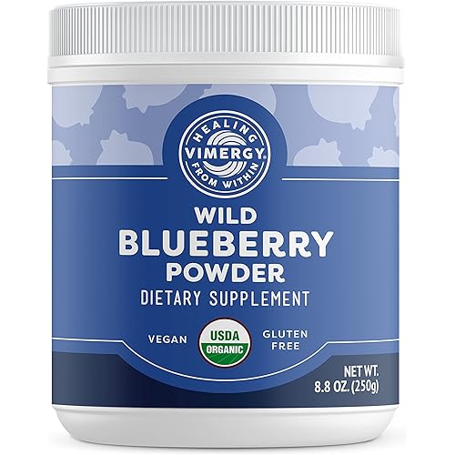 Vimergy USDA Organic Wild Blueberry Supplement Powder – All Natural Wild Blueberries Fruit Powder for Smoothies, Juices, Fruit Bowls – Low-Bush - Non-GMO, Gluten-Free, Vegan & Paleo Friendly 250g